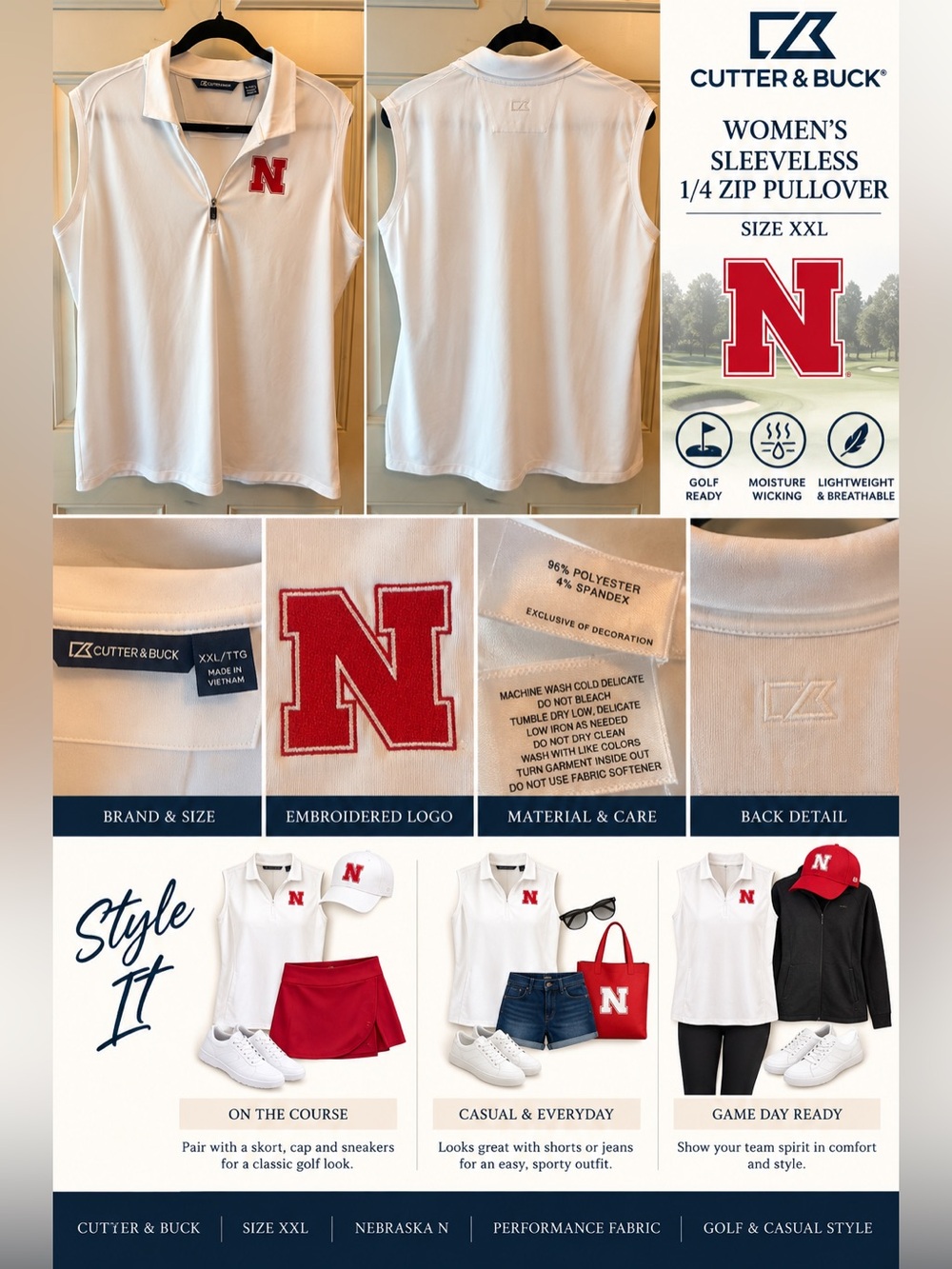 Cutter & Buck Nebraska Huskers Women’s XXL Sleeveless 1/4 Zip Golf Polo